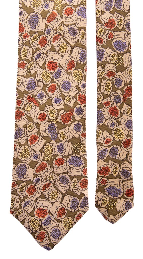 Cravatta Vintage in Saia di Seta Verde Militare Tortora Fantasia Multicolor Made in Italy Graffeo Cravatte Pala