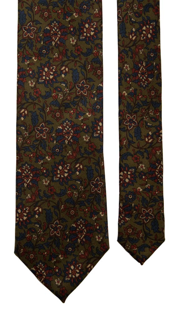 Cravatta Vintage in Saia di Seta Verde Militare a Fiori Blu Marrone Beige Made in Italy Graffeo Cravatte Pala