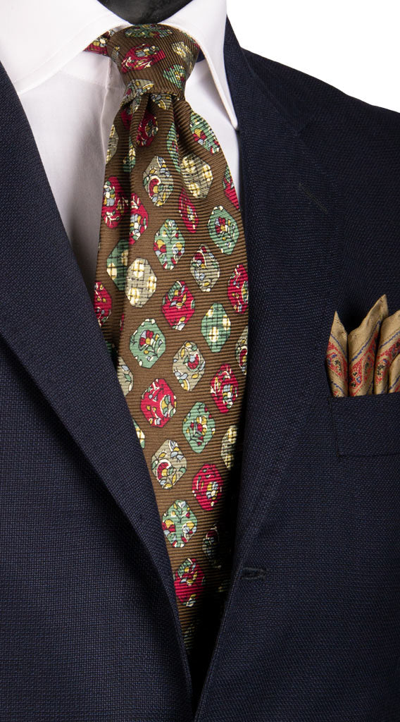 Cravatta Vintage in Saia di Seta Verde Oliva Fantasia Borgogna Verde Salvia Made in Italy Graffeo Cravatte