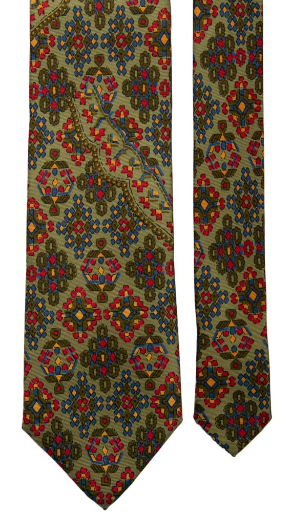 Cravatta Vintage in Saia di Seta Verde Oliva Fantasia Rossa Bluette Arancione Made in Italy Graffeo Cravatte Pala