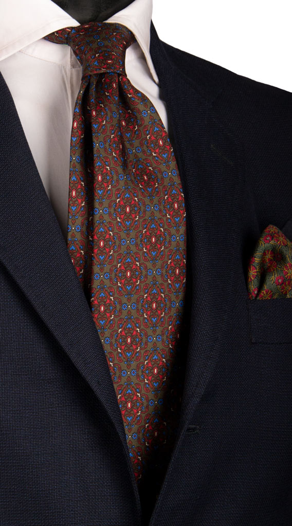 Cravatta Vintage in Saia di Seta Verde Scuro Fantasia Multicolor Made in Italy Graffeo Cravatte