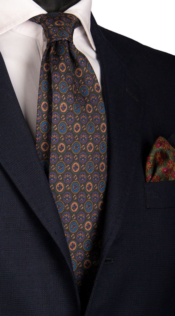 Cravatta Vintage in Saia di Seta Verde Scuro Fantasia Viola Celeste Rosa Antico Made in Italy Graffeo Cravatte