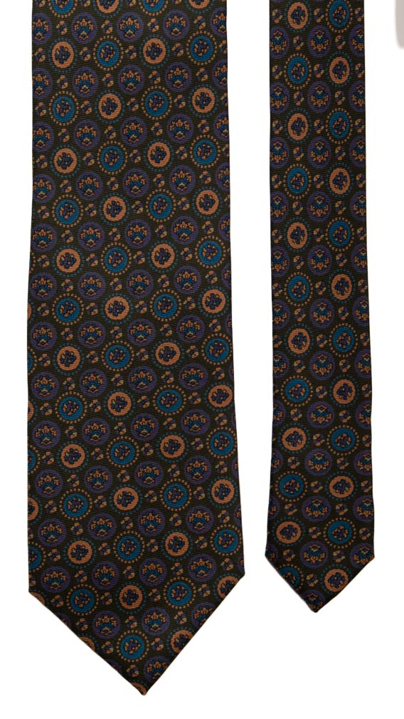 Cravatta Vintage in Saia di Seta Verde Scuro Fantasia Viola Celeste Rosa Antico Made in Italy Graffeo Cravatte Pala