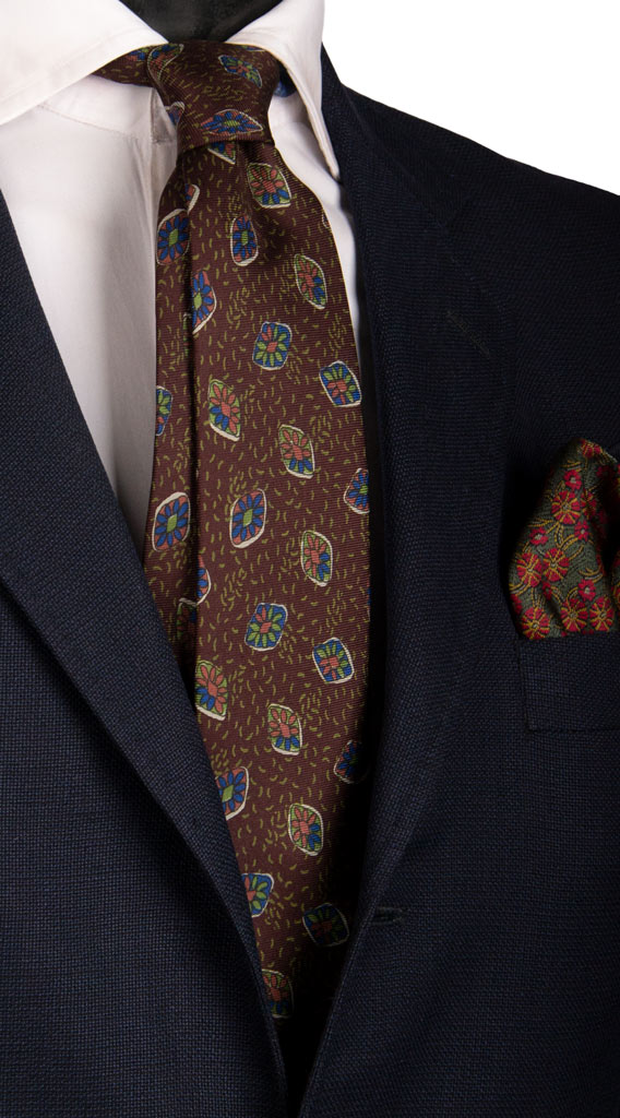 Cravatta Vintage in Saia di Seta Vinaccia Fantasia Bluette Verde Ruggine Made in Italy Graffeo Cravatte