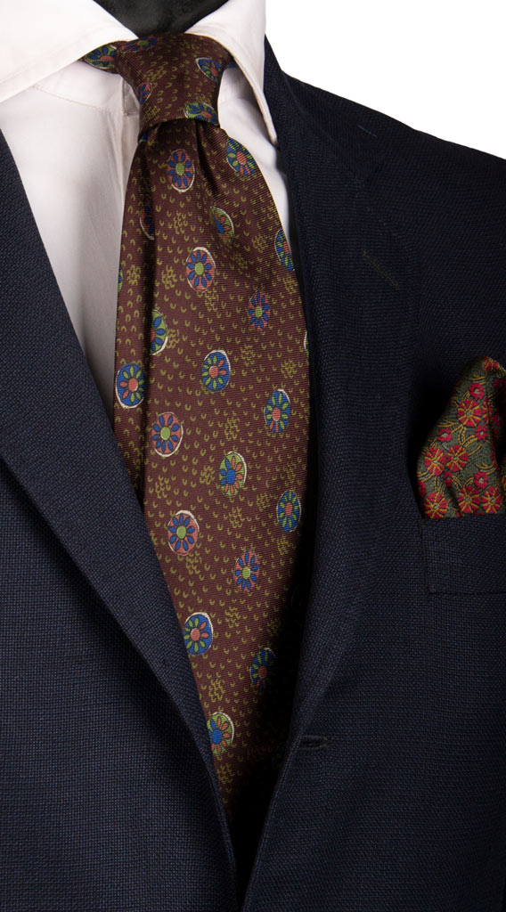 Cravatta Vintage in Saia di Seta Vinaccia Fantasia Bluette Verde Ruggine Made in Italy Graffeo Cravatte