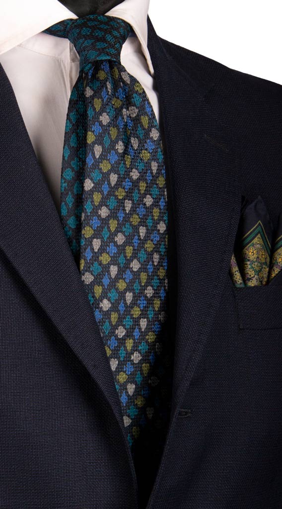 Cravatta Vintage in Seta Jacquard Blu Fantasia Nodo in Contrasto Carte da Poker Multicolor Made in Italy Graffeo Cravatte