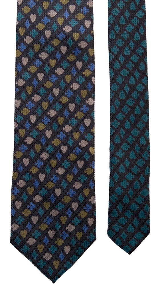 Cravatta Vintage in Seta Jacquard Blu Fantasia Nodo in Contrasto Carte da Poker Multicolor Made in Italy Graffeo Cravatte Pala