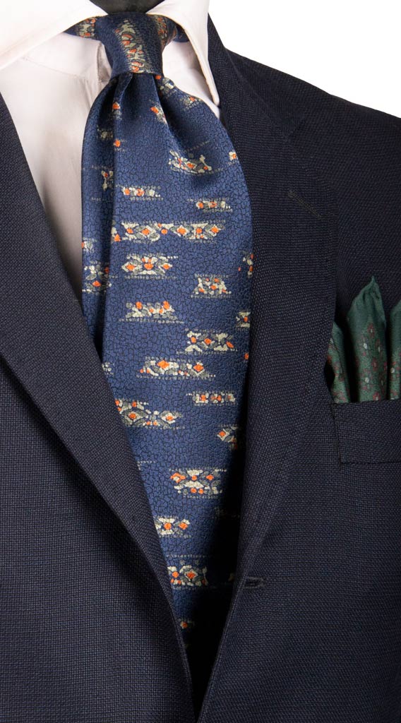 Cravatta Vintage in Seta Jacquard Blu Fantasia Verde Arancione Made in Italy Graffeo Cravatte
