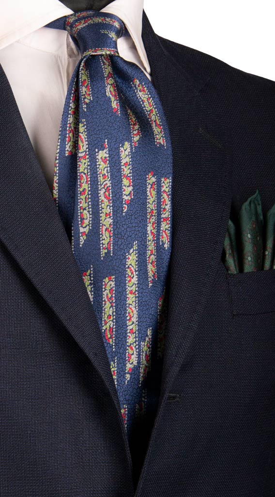 Cravatta Vintage in Seta Jacquard Blu Fantasia Verde Grigia Rossa Made in Italy Graffeo Cravatte