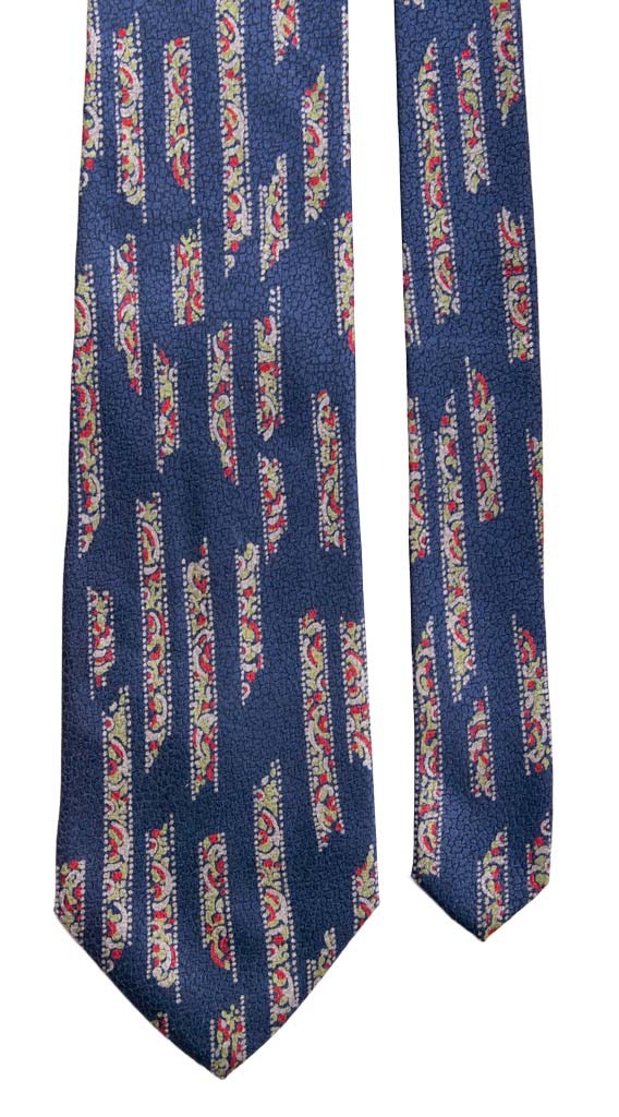 Cravatta Vintage in Seta Jacquard Blu Fantasia Verde Grigia Rossa Made in Italy Graffeo Cravatte Pala