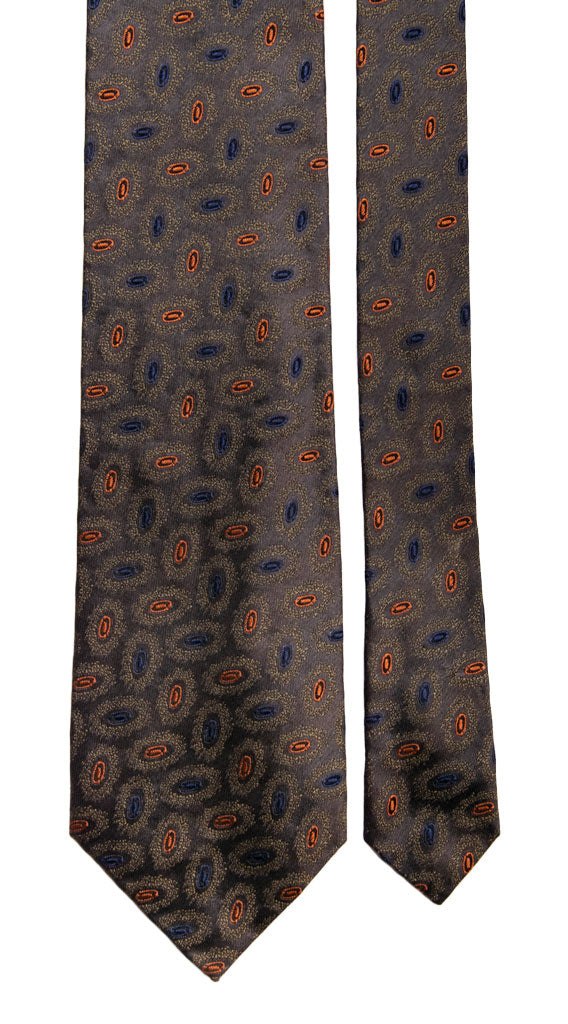 Cravatta Vintage in Seta Jacquard Grigia Antracite Fantasia Blu Arancione Verde Made in Italy Graffeo Cravatte Pala