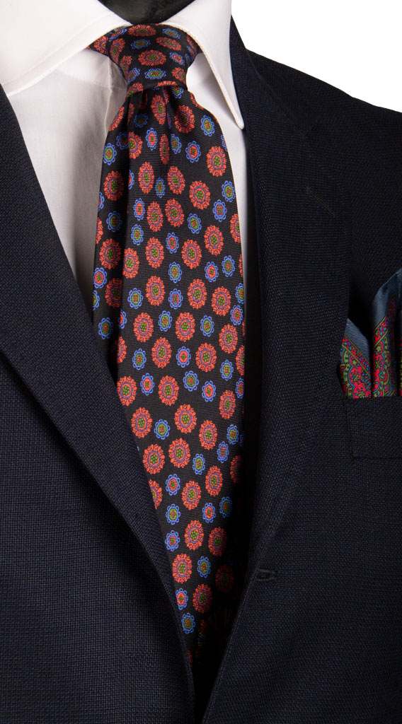 Cravatta Vintage in Twill di Seta Blu Notte Fantasia Bluette Arancione Verde Made in italy Graffeo Cravatte