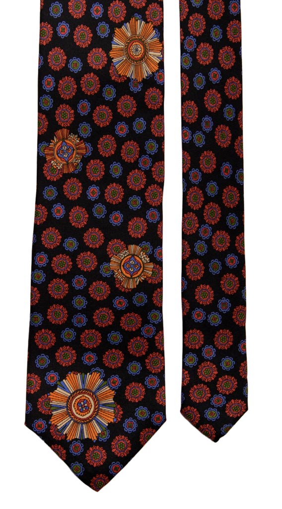 Cravatta Vintage in Twill di Seta Blu Notte Fantasia Bluette Arancione Verde Made in Italy Graffeo Cravatte Pala