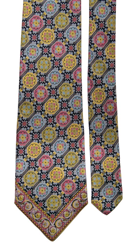 Cravatta Vintage in Twill di Seta Blu a Medaglioni Gialli Verdi Azzurri Made in Italy Graffeo Cravatte Pala