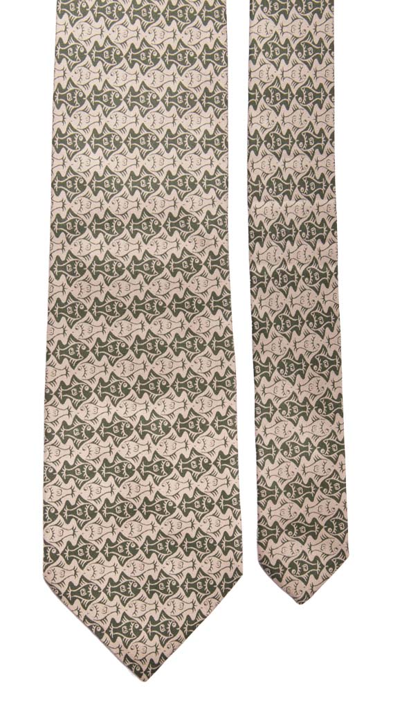 Cravatta Vintage in Twill di Seta Tortora Verde Fantasia con Animali Made in Italy Graffeo Cravatte Pala