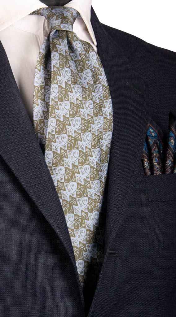 Cravatta Vintage in Twill di Seta Verde Celeste Fantasia con Animali Made in Italy Graffeo Cravatte