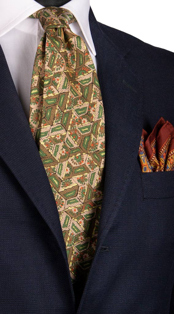 Man Olive Green Vintage Silk Tie Beige Orange Pattern CV289