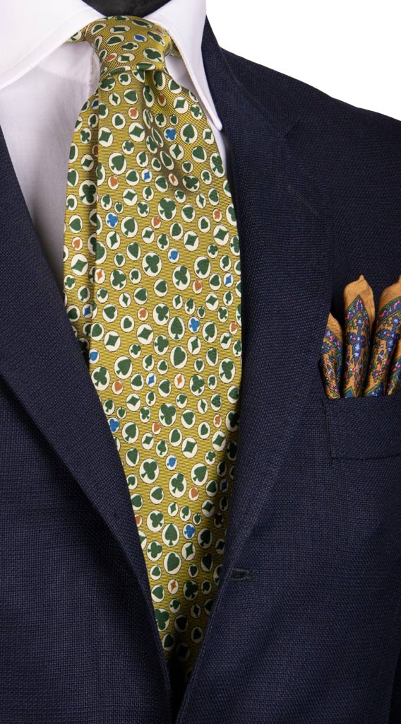 Cravatta Vintage in Twill di Seta Verde Oliva Fantasia Carte Da Poker Made in Italy Graffeo Cravatte