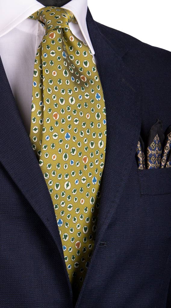 Cravatta Vintage in Twill di Seta Verde Oliva Fantasia Carte Da Poker Made in Italy Graffeo Cravatte