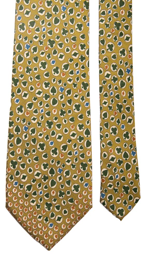 Cravatta Vintage in Twill di Seta Verde Oliva Fantasia Carte Da Poker Made in Italy Graffeo Cravatte Pala
