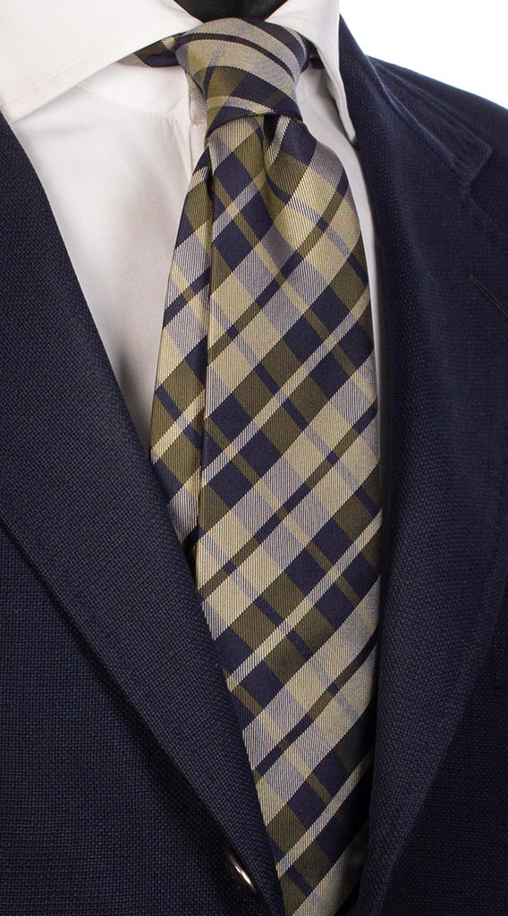 Cravatta a Quadri di Seta Verde Righe Blu Bianche Made in Italy Graffeo Cravatte