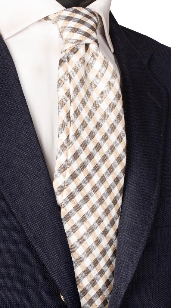 Cravatta a Quadri in Seta Lino Beige Color Sabbia Grigio Made in Italy Graffeo Cravatte