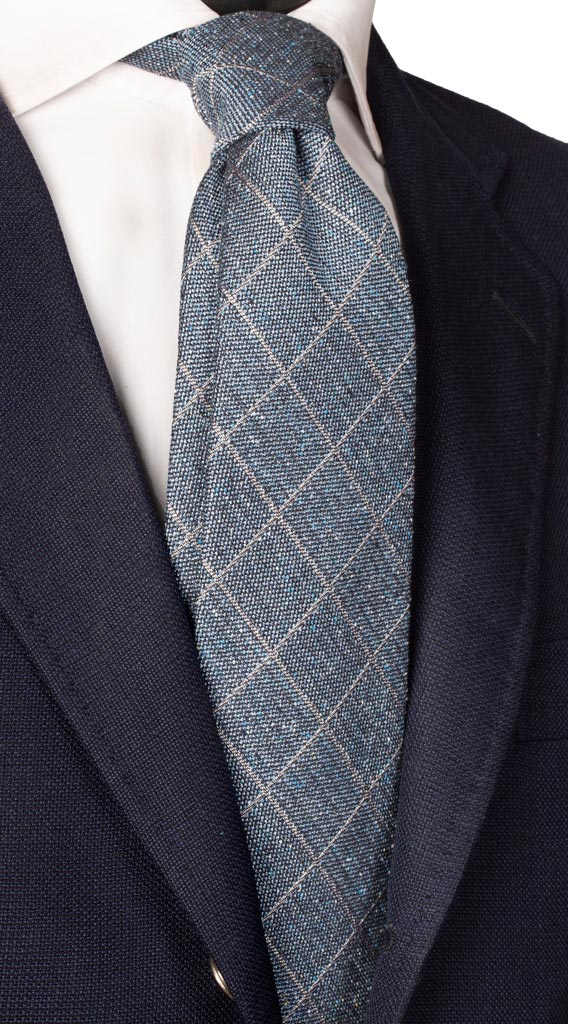 Cravatta a Quadri in Seta Lino Turchese Grigio Made in Italy Graffeo Cravatte