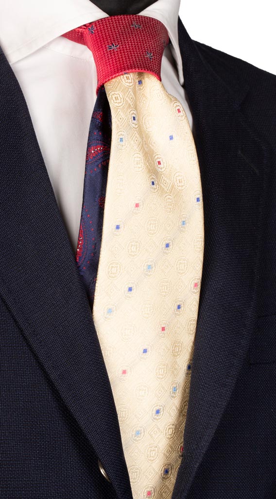 Cravatta color Crema Fantasia Fucsia Bluette Nodo in Contrasto Fucsia Fantasia Made in Italy Graffeo Cravatte
