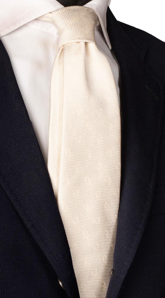 Cravatta da Cerimonia di Seta Bianco Panna Paisley Tono su Tono Made in Italy Graffeo Cravatte