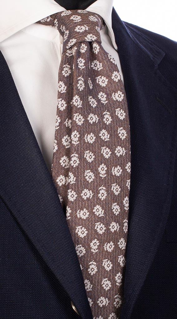 Cravatta di Cotone Marrone Blu Fiori Bianchi Made in Italy Graffeo Cravatte