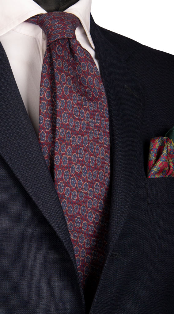 Cravatta di Lana Bordeaux a Fiori Blu Beige Made in Italy Graffeo Cravatte