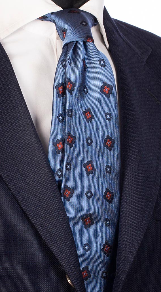Cravatta di Seta Blu Avio Fantasia Blu Arancione Bianco Made in Italy Graffeo Cravatte