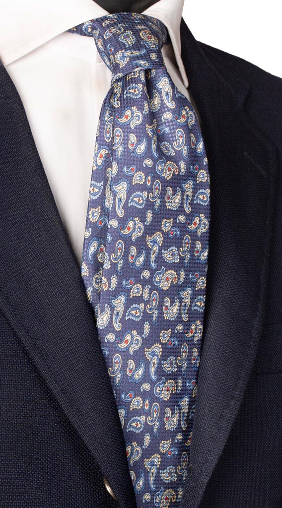 Cravatta di Seta Blu Avio Paisley Multicolor Made in Italy Graffeo Cravatte