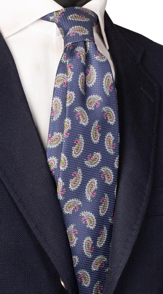Cravatta di Seta Blu Avio Paisley Multicolor Made in Italy Graffeo Cravatte