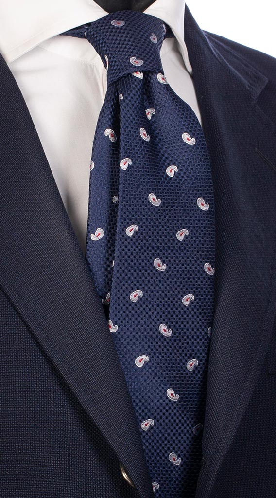Cravatta di Seta Blu Fantasia Tono Su Tono Paisley Bianco Rosso Made in Italy Graffeo Cravatte