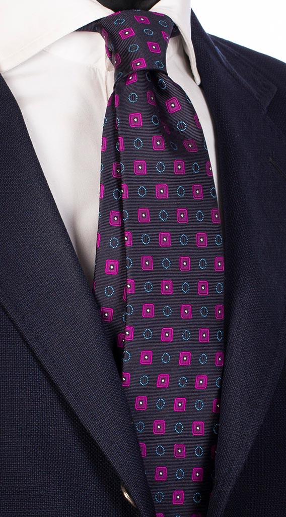 Cravatta di Seta Blu Fantasia Viola Bianco Celeste Made in Italy Graffeo Cravatte
