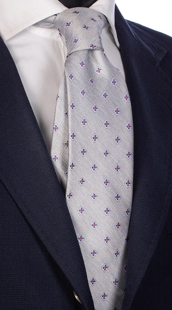 Cravatta di Seta Grigio Chiaro Effetto Lino Fantasia Bianca Lilla Bordeaux Made in Italy Graffeo Cravatte