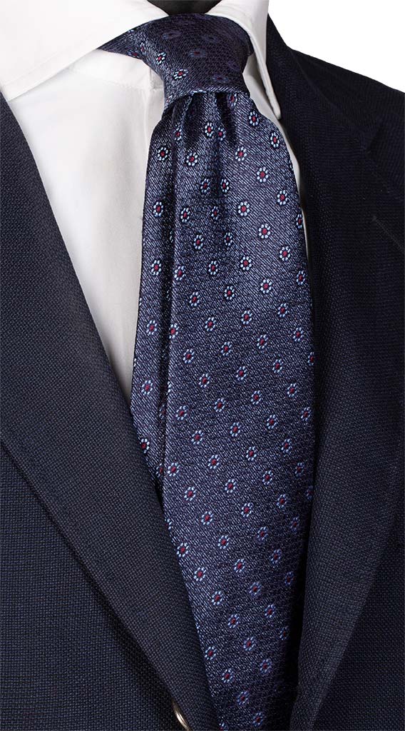 Cravatta di Seta Jaspé Avion Scuro a Fiori Celesti Bordeaux Made in Italy Graffeo Cravatte
