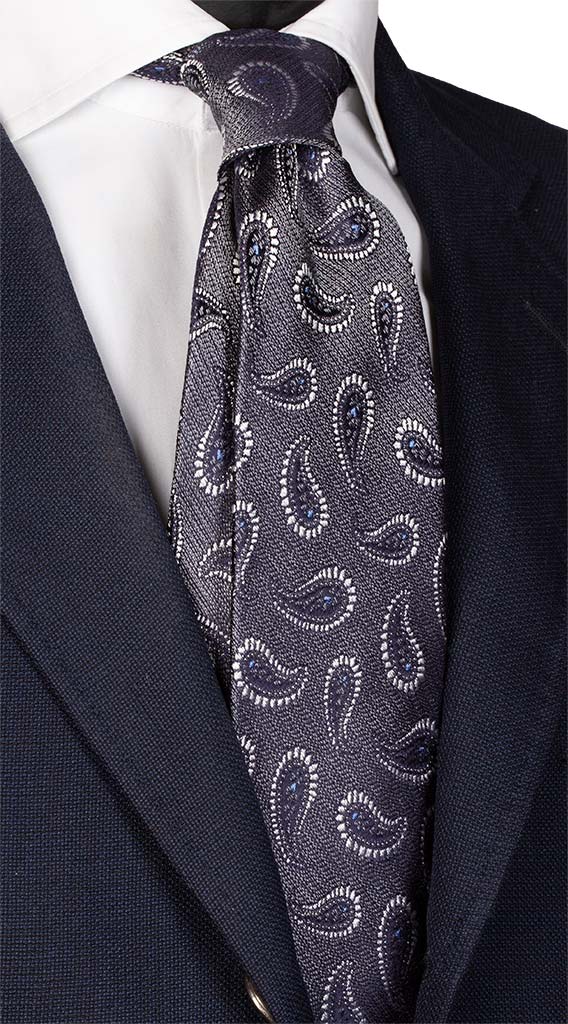 Cravatta di Seta Jaspé Grigia Paisley Bianchi Celesti Made in Italy Graffeo Cravatte