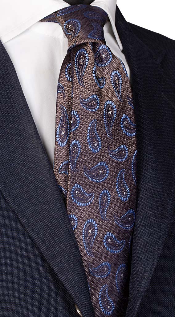 Cravatta di Seta Jaspè Marrone Paisley Celeste Bianco Made in Italy Graffeo Cravatte