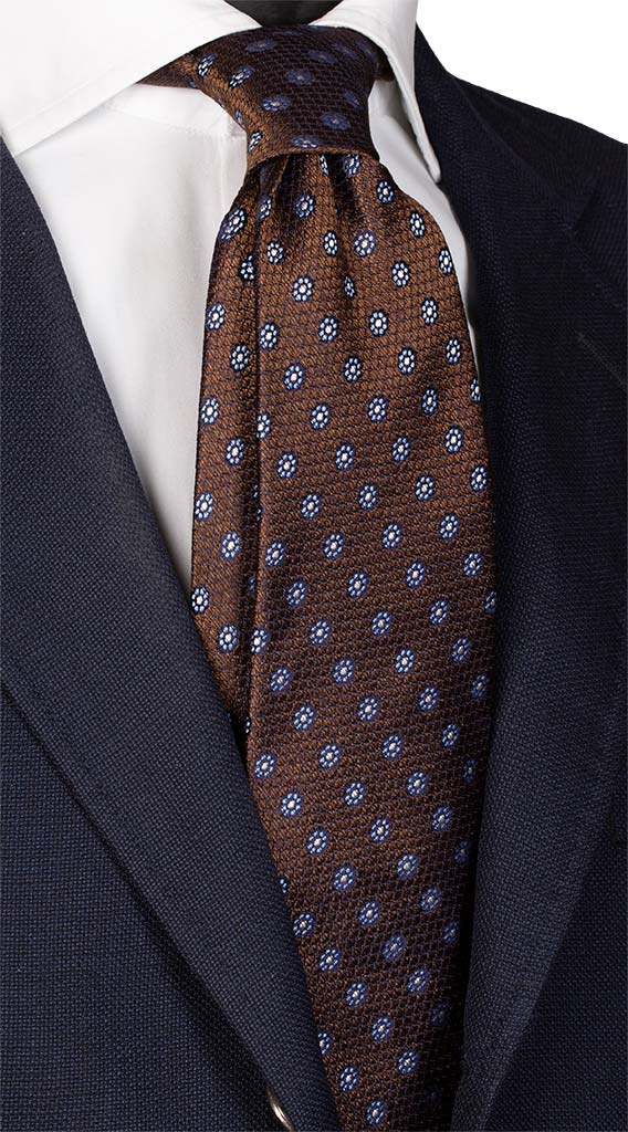 Cravatta di Seta Jaspé Marrone a Fiori Celeste Bianco Made in Italy Graffeo Cravatte