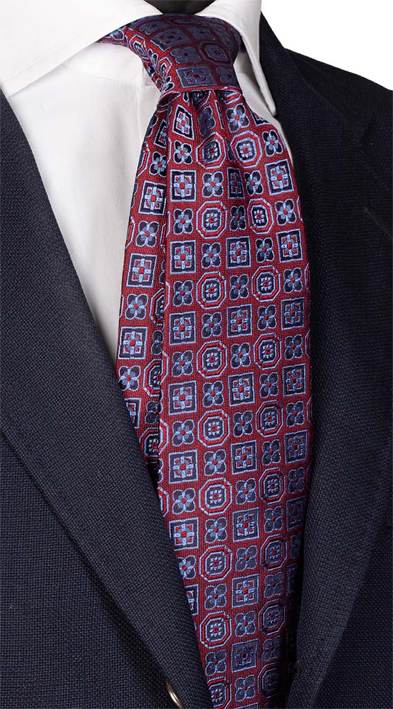 Cravatta di Seta Jaspé Rossa Fantasia Blu Celeste Made in Italy Graffeo Cravatte
