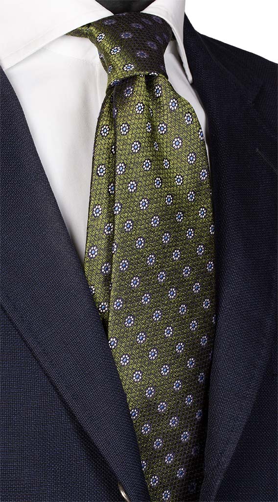Cravatta di Seta Jaspé Verde a Fiori Bianchi Celesti Made in Italy Graffeo Cravatte