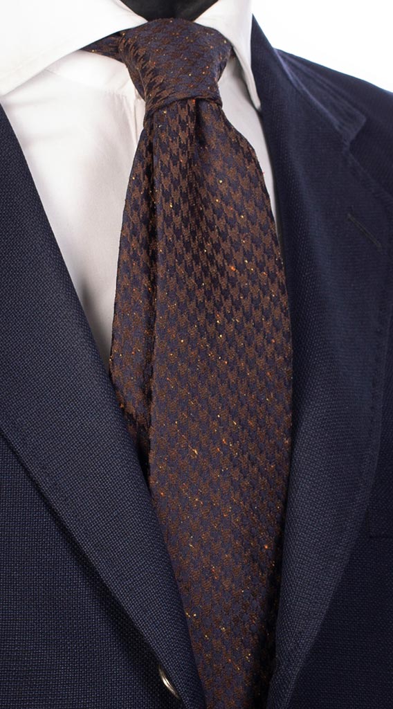 Cravatta di Seta Marrone Blu Pied de Poule Effetto Lino Made in Italy Graffeo Cravatte