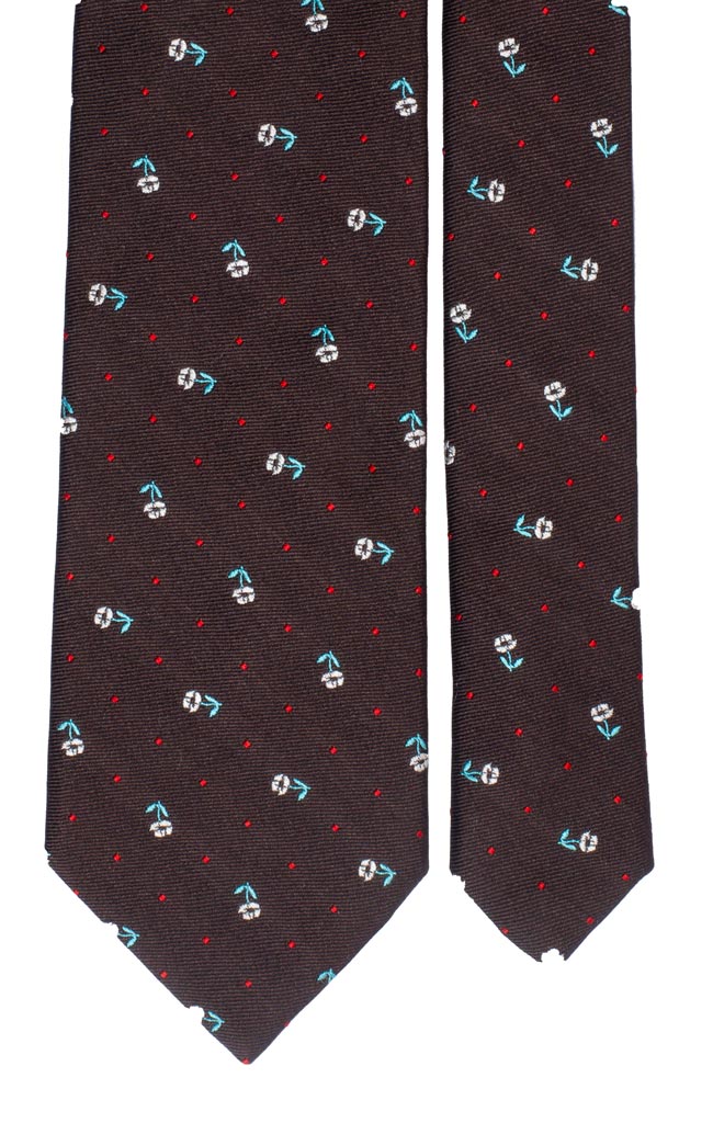 Cravatta di Seta Marrone Bruciato a Fiori Bianchi Turchese Made in Italy Graffeo Cravatte Pala