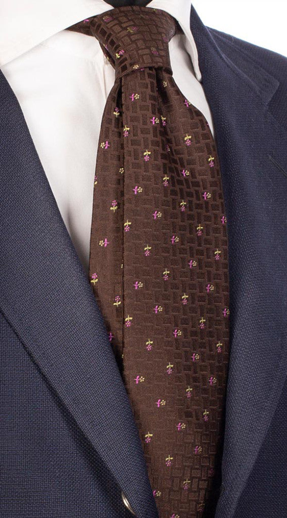 Cravatta di Seta Marrone con Fiori Verde Rosa Made in Italy Graffeo Cravatte