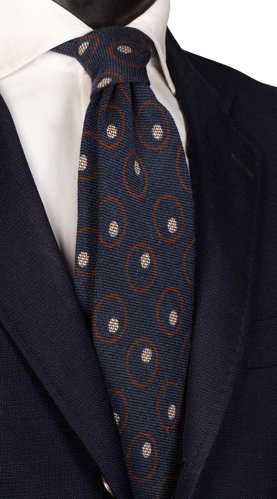 Cravatta in Lana Seta Blu Fantasia Marrone Beige Made in Italy Graffeo Cravatte