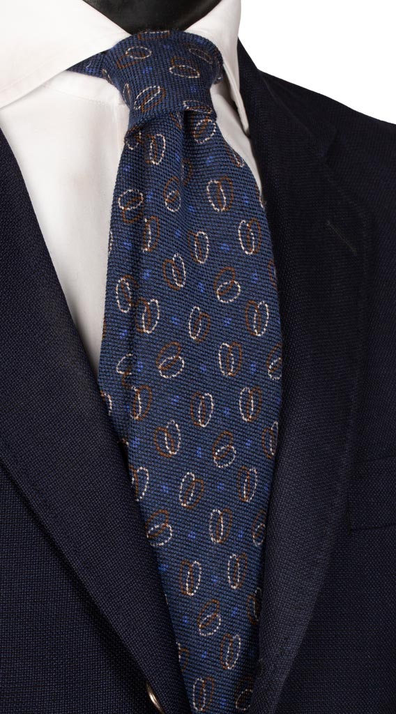 Cravatta in Lana Seta Blu Navy Fantasia Marrone Bianca Bluette Made in Italy Graffeo Cravatte