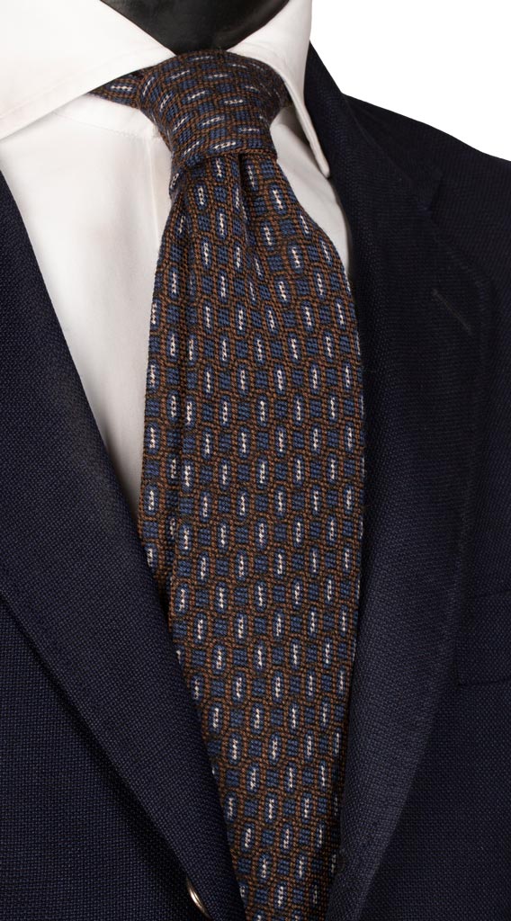Cravatta in Lana Seta Fantasia Blu Navy Marrone Bianco Made in Italy Graffeo Cravatte