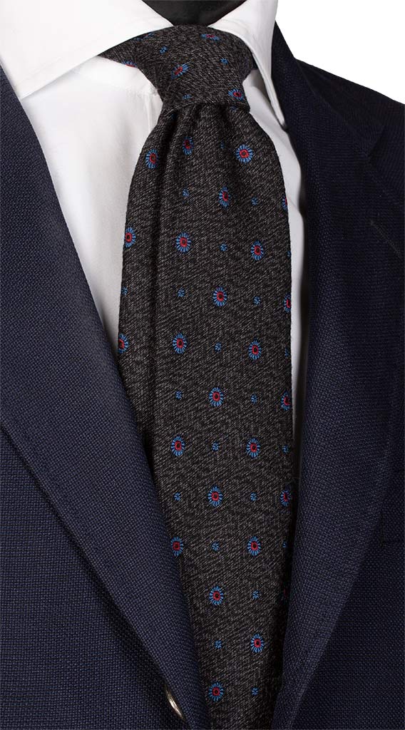 Cravatta in Lana Seta Grigia Fantasia Celeste Rosso Made in Italy Graffeo Cravatte